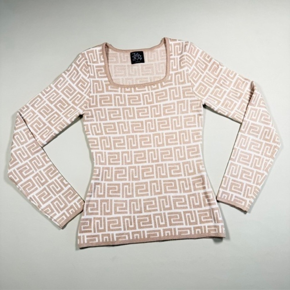 Jolie & Joy Tan White Greek Key Geometric Square Neck Knit Top Medium